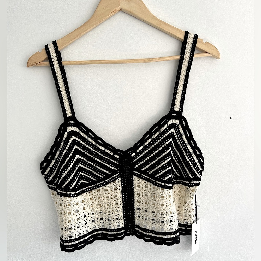 Jason Wu Crochet Top Womens 10 Crop Ivory Black Tank Scallop Edge Boho Hippie